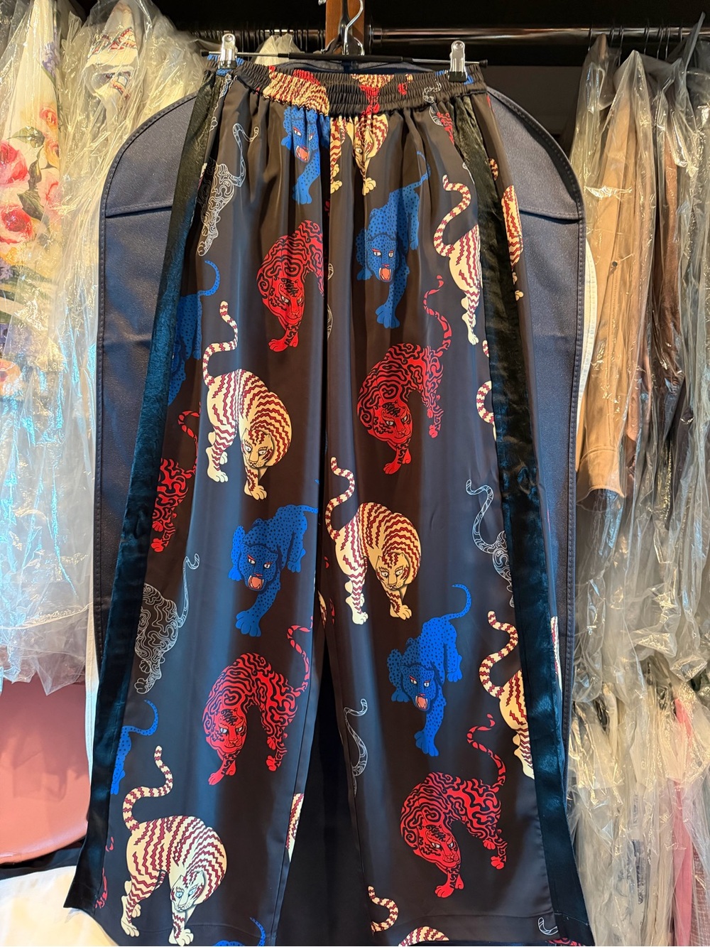 Women’s Black Printed Satin Wide Leg Pant with Multicolor Tiger Motif